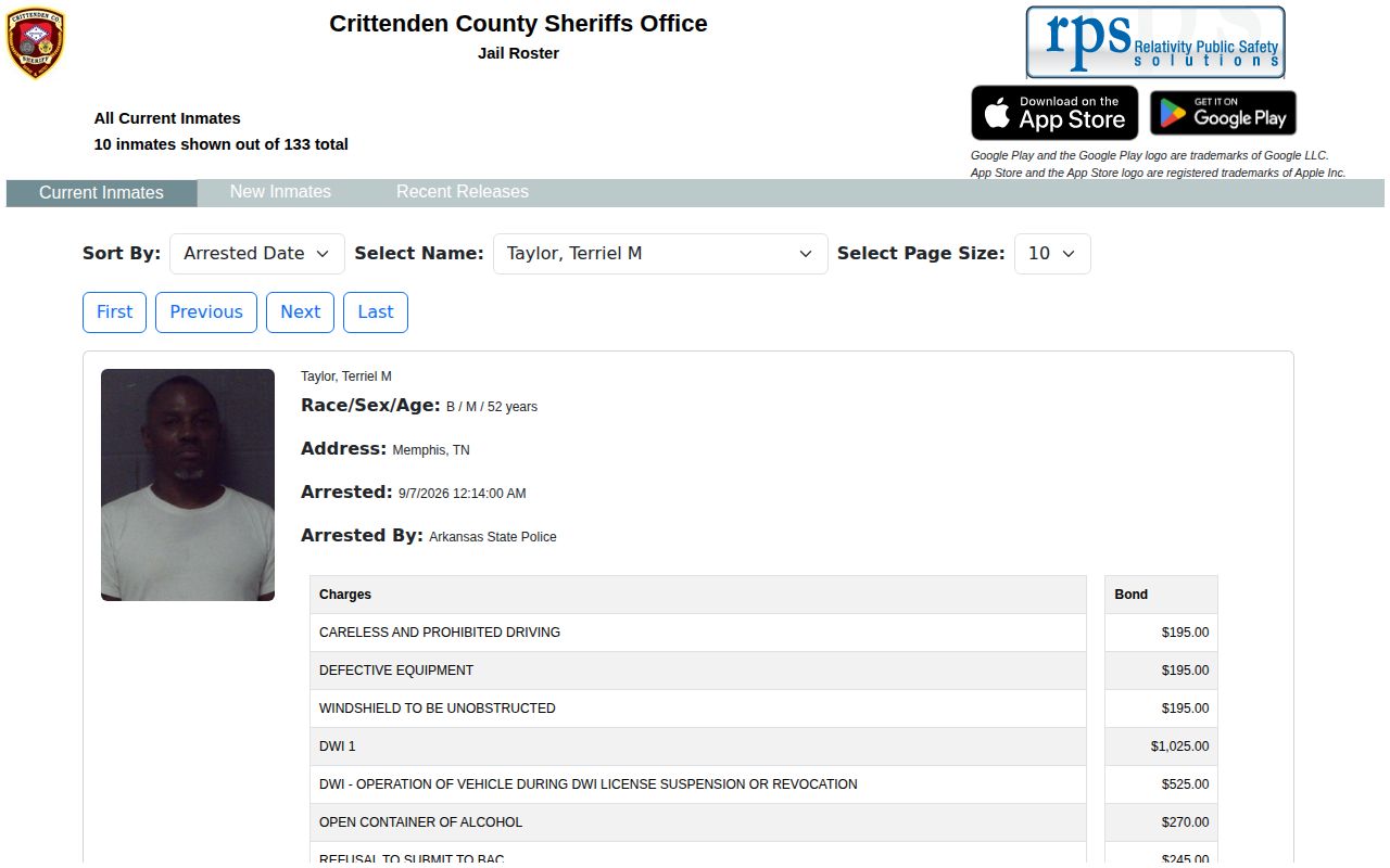 Crittenden County arrest roster and booking photo interface