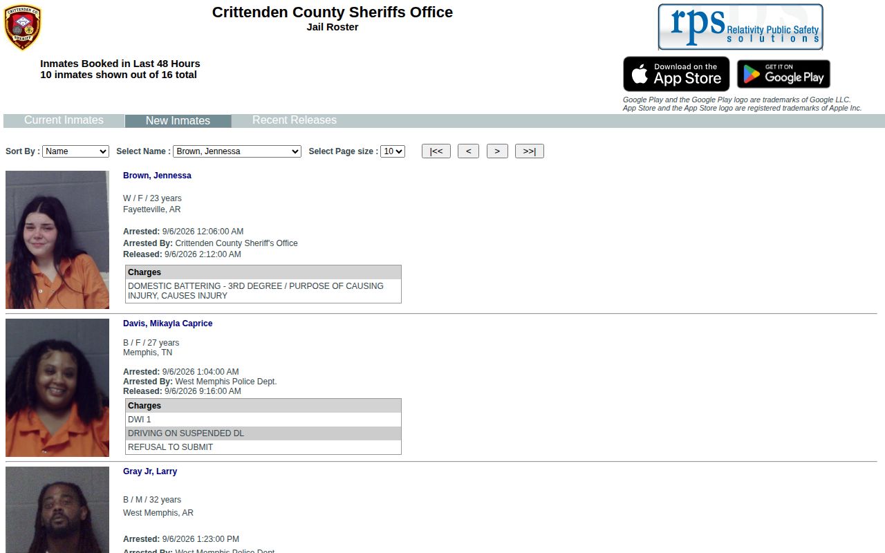Crittenden County recent arrests 48-hour booking feed interface