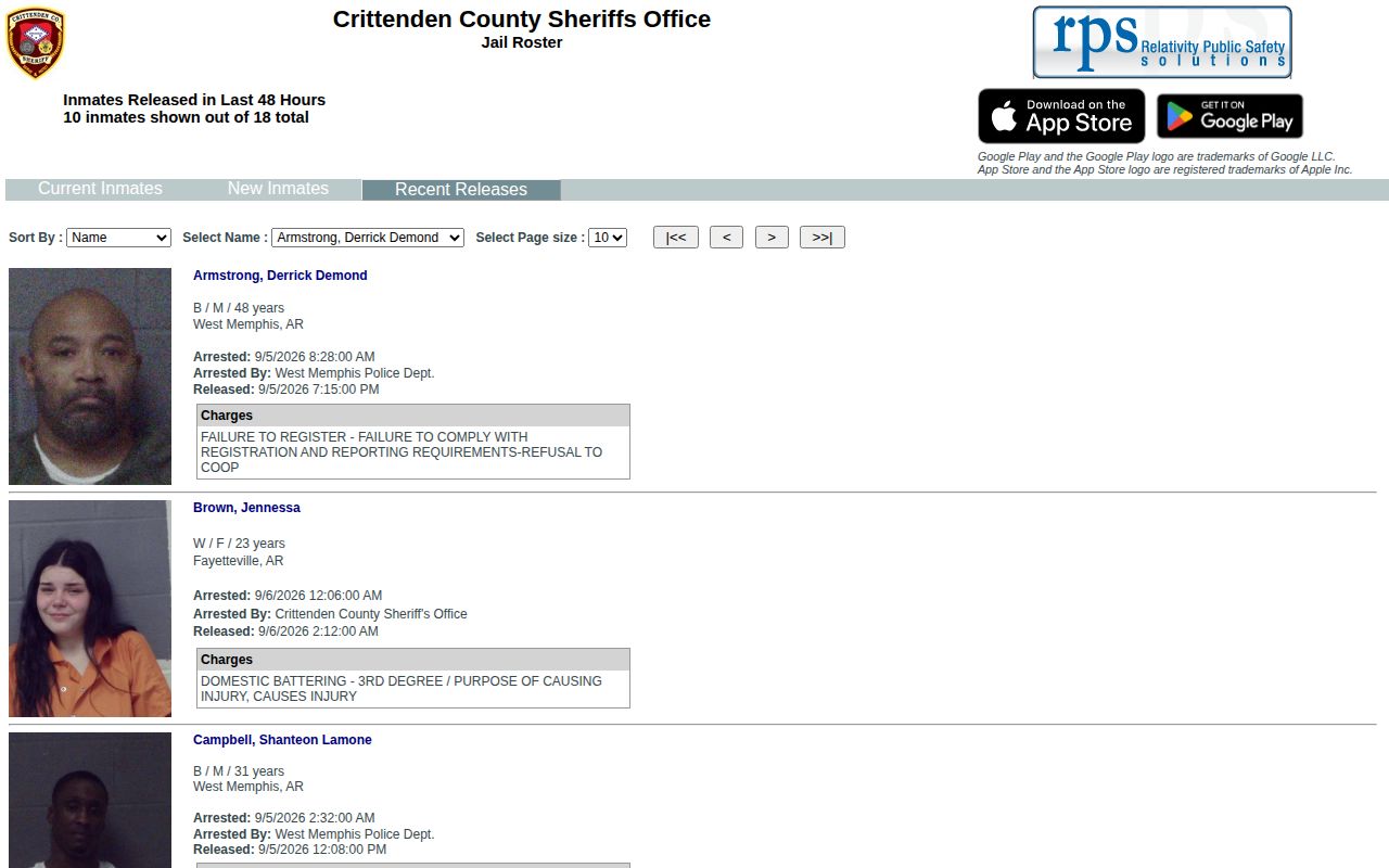 Crittenden County recent releases interface used with arrest reports