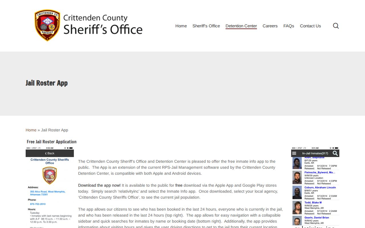 Crittenden County sheriff Inmate Info app for recent arrest records