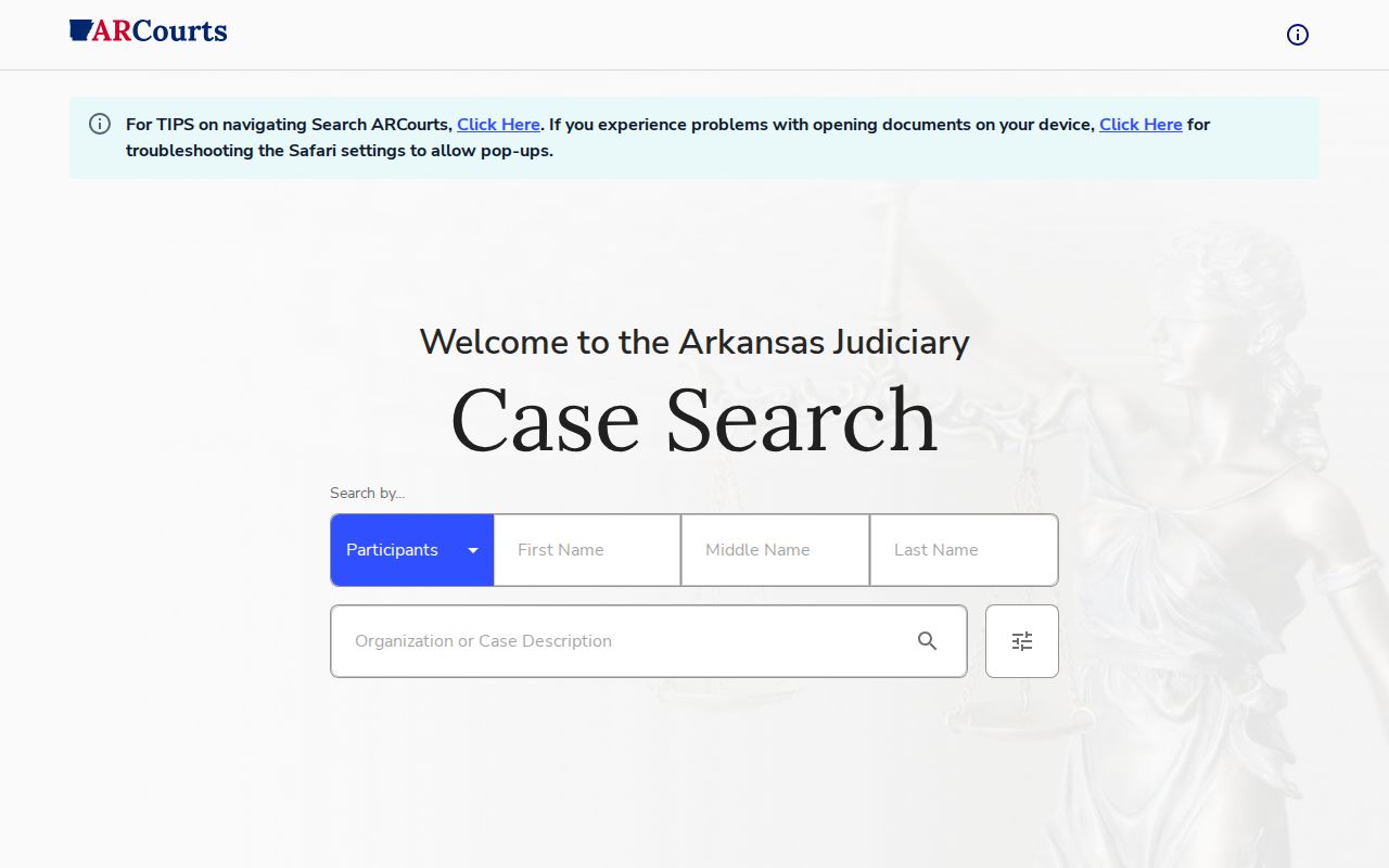 Arkansas CourtConnect public case search screen