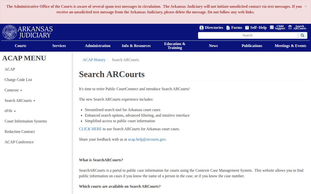 Arkansas Judiciary CourtConnect public access information
