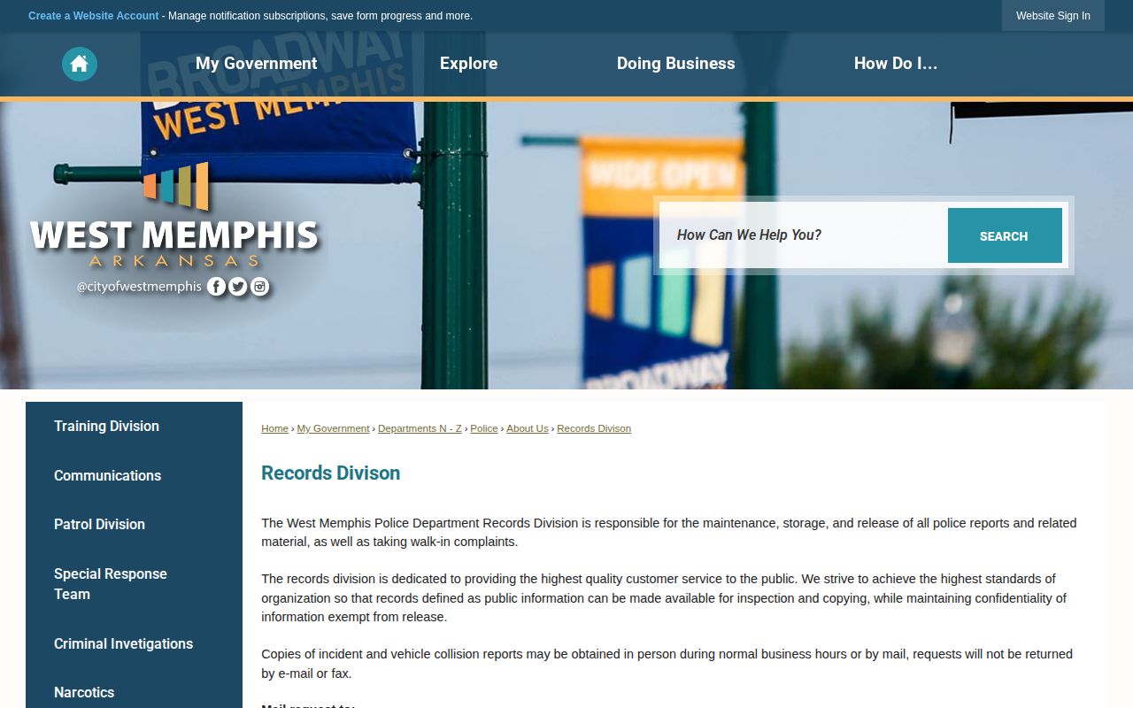 West Memphis Police Department Records Division information page